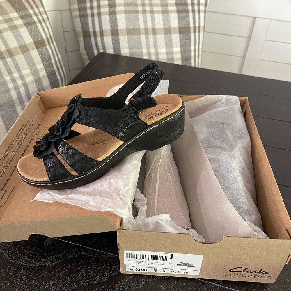 Clarks Black Floral Slingback Wedge Sandal